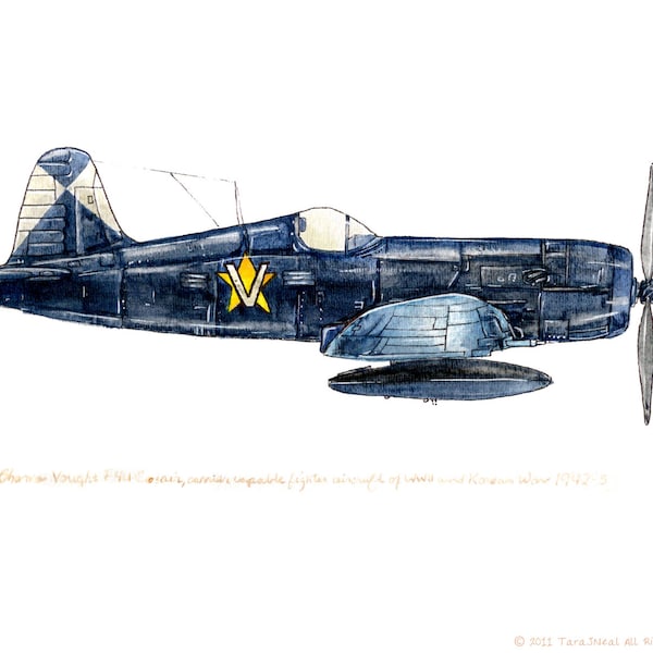 Vought F4U Corsair vintage airplane watercolor print, 8"x10"