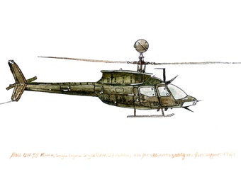 Bell OH-58 Kiowa, US Army Aviation watercolor print, 8x10"