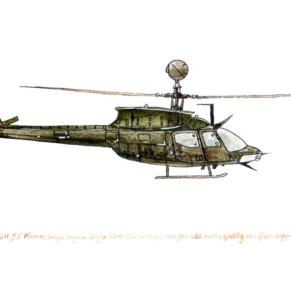 Bell OH-58 Kiowa, US Army Aviation watercolor print, 8x10"