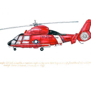 May include: A red and white Eurocopter AS365 Dauphin helicopter with the words "US Coast Guard" on the side. The helicopter is a medium-weight twin-engine aircraft used for search and rescue.