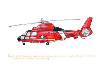Eurocopter Dauphin, Coast Guard Aircraft watercolor print, 8x10