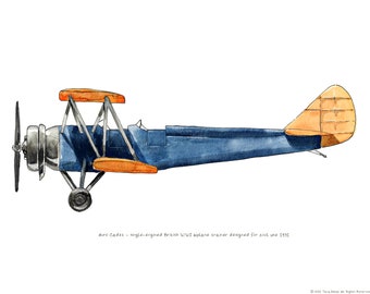 Pode incluir: Ilustração em aquarela de um biplano Avro Cadet. A aeronave apresenta uma fuselagem azul, asas laranja e um motor prateado. O texto abaixo diz "Avro Cadet - single-engined British WWI biplane trainer designed for civil use 1931".