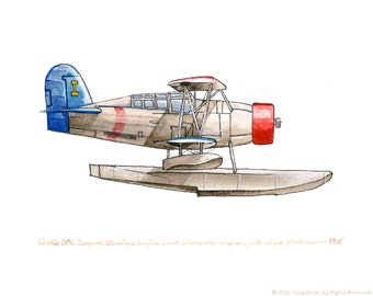 Curtiss SOC Seagull vintage airplane watercolor print, 8"x10"