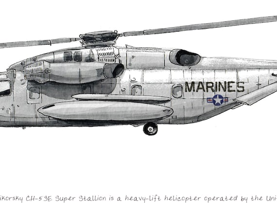 CH-53 スーパースタリオン、アメリカ海兵隊航空水彩画、8x10インチ