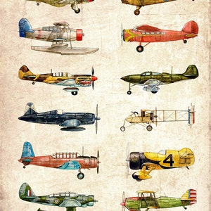 Set of TWO Vintage Airplane Collection, antiqued watercolor prints image 4