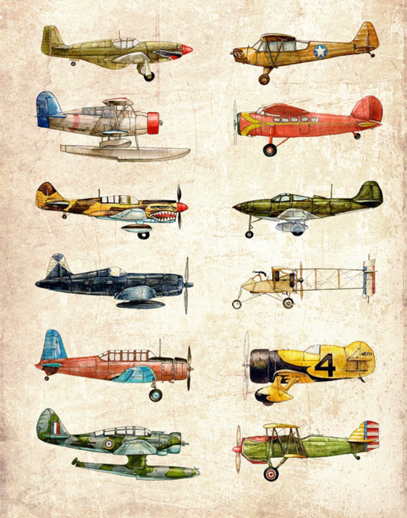 Set of TWO Vintage Airplane Collection, antiqued watercolor prints image 4