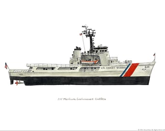 USCG Medium Endurance Cutter WMEC 210', Coast Guard watercolor print, 8x10"