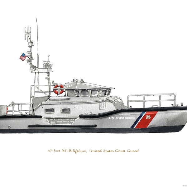 47 foot MLB, United States Coast Guard lifeboat watercolor print, 8x10"