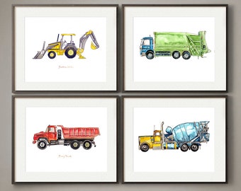Bunte Bau- und Arbeitsfahrzeuge - Aquarelldruck Set