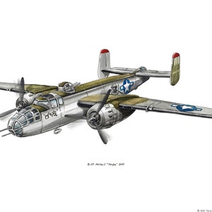 Impresión en acuarela del avión histórico B-25 Mitchell "Maybe", 20x25 cm