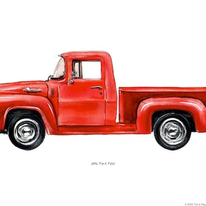 1956 Ford F100 Pick-up, klassisches Automobil Aquarell, 20,3x25cm