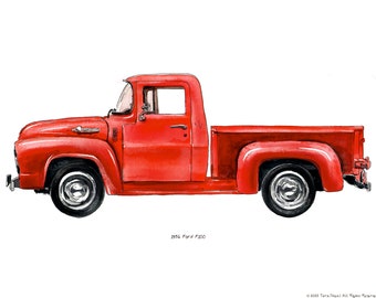 1956 Ford F100 Pickup, classic automobile watercolor print, 8x10"