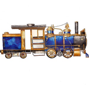 Blue Steam Engine Locomotive watercolor print, 8x10&quot;