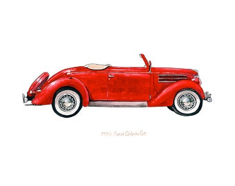 1936 Ford Cabriolet, classic automobile watercolor print, 8x10"