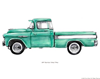 1957 Chevrolet Cameo Pickup, classic automobile watercolor print, 8x10"
