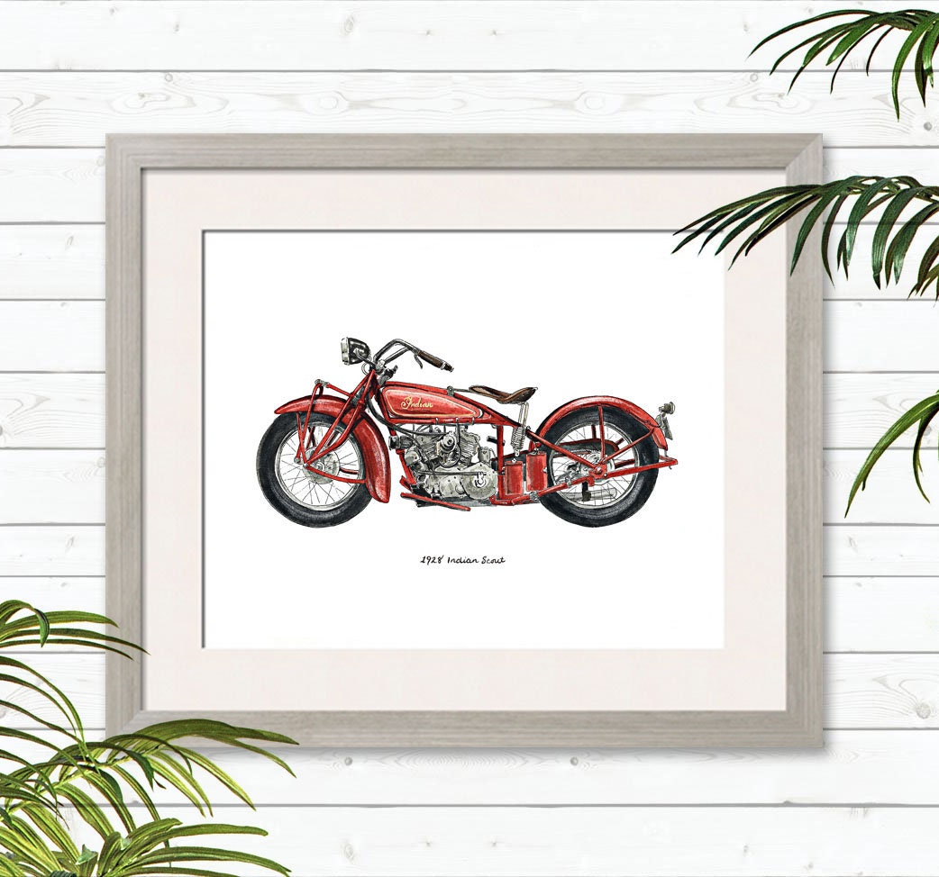 1928 Red Indian Scout Motorcycle, Classic Vehicle Watercolor Print