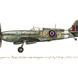 Supermarine "Spitfire" vintage airplane watercolor print, 8"x10"