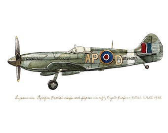 Supermarine "Spitfire" vintage airplane watercolor print, 8"x10"