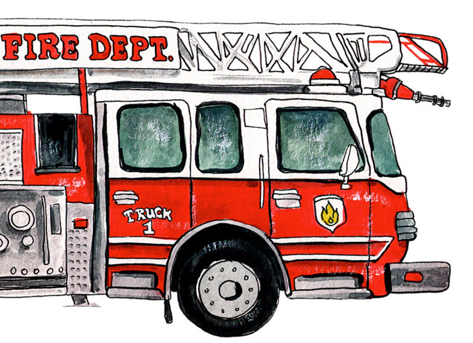 Modern Fire Truck vehicle watercolor print 8x10 | Etsy
