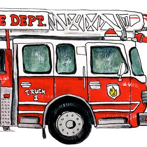 Modern Fire Truck vehicle watercolor print, 8x10 image 2