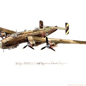 May include: A watercolor illustration of a Halifax MK III bomber aircraft, painted in camouflage colors with a yellow and black tail marking. The aircraft is labeled "NPY" and "158 Squadron, Lissett, England".