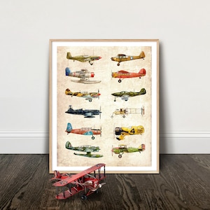Vintage Airplane Collection, antiqued watercolor print