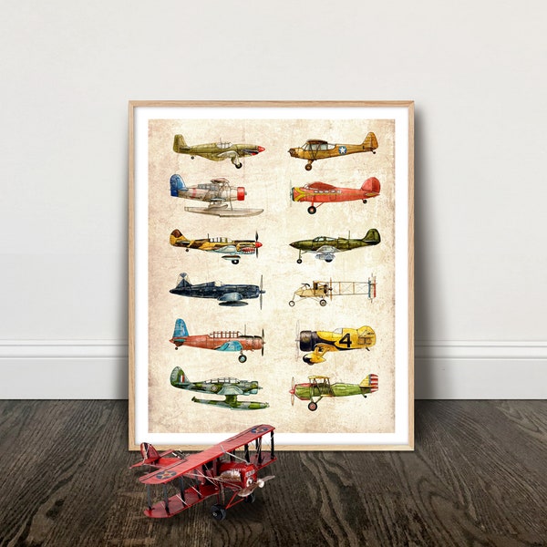 Vintage Airplane Collection, antiqued watercolor print