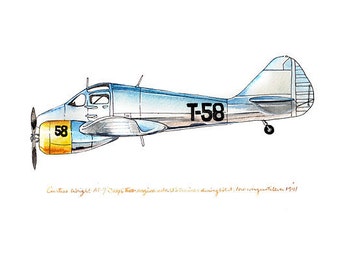 Curtiss-Wright AT-9 Jeep vintage airplane watercolor print, 8x10"