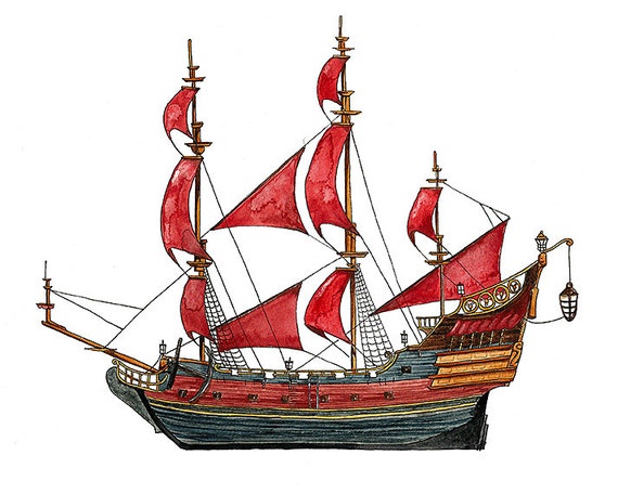 Møntvask Udflugt Manga Red Sailed Pirate Ship Watercolor Print 8x10 - Etsy