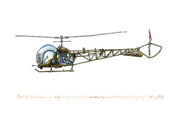 Bell 46 vintage aircraft watercolor print, 8x10