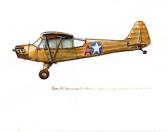 Piper J3 "Grasshopper" vintage airplane watercolor print 8x10