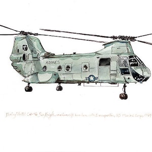 CH-46 Sea Knight, us marine aviation watercolor print, 8x10&quot;