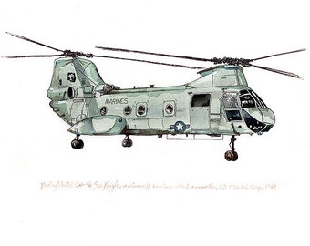 CH-46 Sea Knight, us marine aviation watercolor print, 8x10"