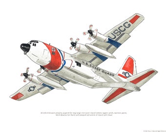 Aquarelprint Hercules Coast Guard-vliegtuigen HC-130, 8 x 10 inch