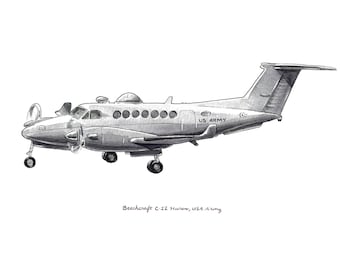 C-12 Huron Army Aviation aircraft watercolor print, 8"x10"