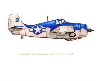 Impresión en acuarela del avión vintage Grumman F4F, 8 x 10