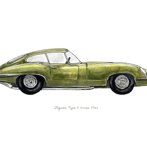 Jaguar e-Type Coupe 1961, vintage automobile watercolor print, 8x10&quot;