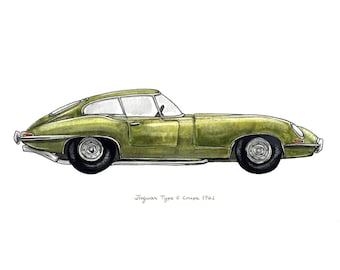 Jaguar e-Type Coupe 1961, vintage automobile watercolor print, 8x10"