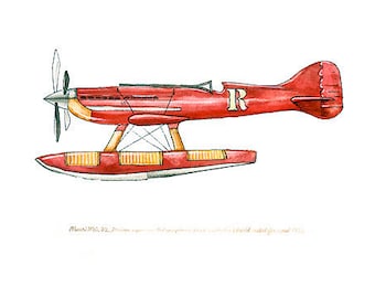 Impresión en acuarela de un avión antiguo de Macchi M.C. 72, 8" x 10"