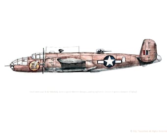 Impresión en acuarela del avión North American B-25 Mitchell, 20 x 25 cm
