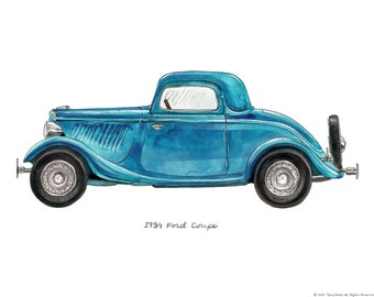 Aqua 1934 Ford Coup, vintage automobile watercolor print, 8x10"