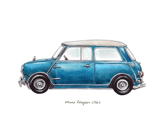 Mini Cooper azul, impresión en acuarela de un automóvil clásico, 20 x 25 cm