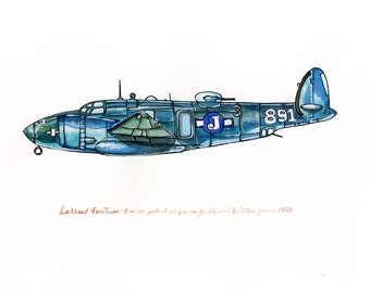 Impresión de acuarela de un avión bombardero azul vintage, 20 x 25 cm