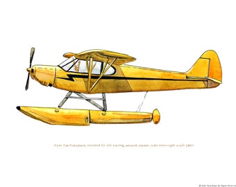 Piper Cub Floatplane / Seaplane vintage airplane watercolor print, 8x10&quot;