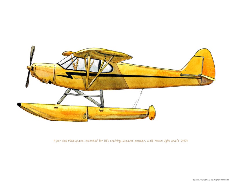 Piper Cub Floatplane / Seaplane vintage airplane watercolor print, 8x10 image 1