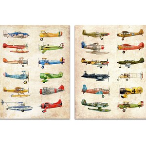 Set of TWO Vintage Airplane Collection, antiqued watercolor prints image 1