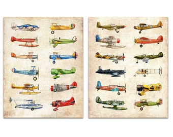 Set of TWO Vintage Airplane Collection, antiqued watercolor prints