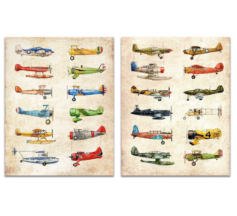 Set of TWO Vintage Airplane Collection, antiqued watercolor prints image 1