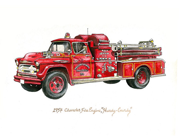 Vintage 1957 Chevy Fire Truck hurdy Gurdy Watercolor Print, 8x10 