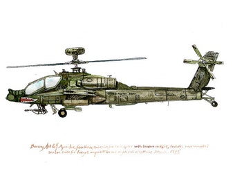 AH-64 Apache, us army aviation watercolor print, 8x10&quot;